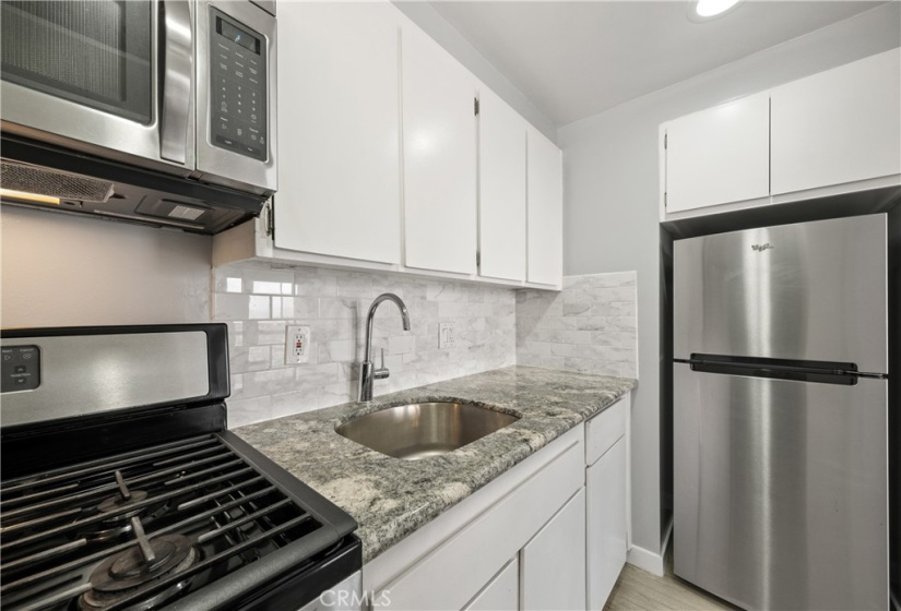 Stainless steel appliances and granite counter